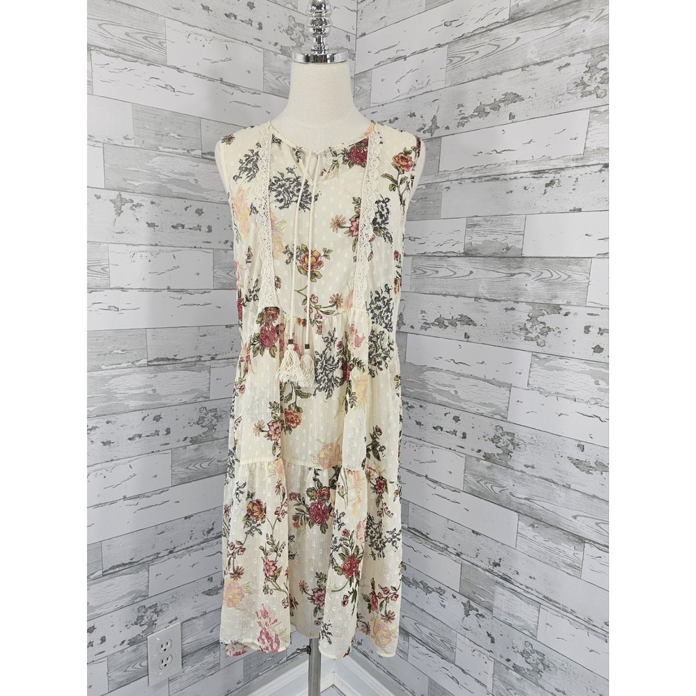 Chenault Floral Sheer Sleeveles Tiered Tunic Dress Womens 8 Ivory